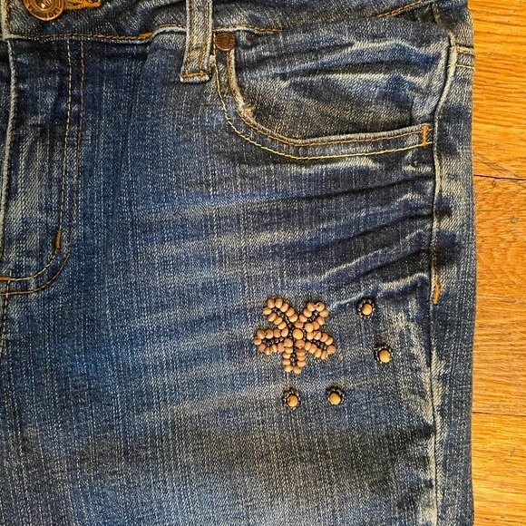 Leo Roma Bootcut Beaded Accents Boho Distressed Women Jeans Size 7 - Picture 3 of 13
